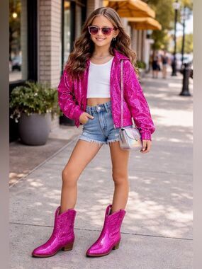 (A7)Link Fuchsia Block Heel Denim Ankle Boots with Rhinestonesfor Big Girls Sz 3